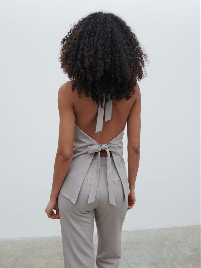Graziela Is 5'9.5" & Wears Size UK 8|Laria Tailored Backless Top - Stone
