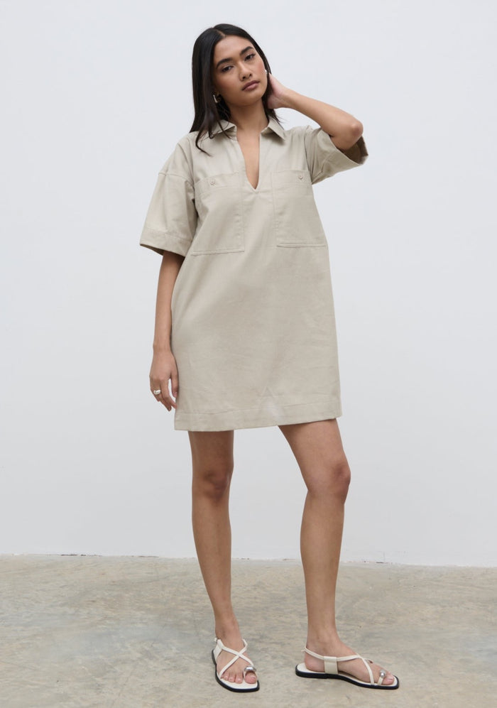 Candy Is 5'6" & Wears Size UK 8|Lia Utility Shirt Dress - Stone