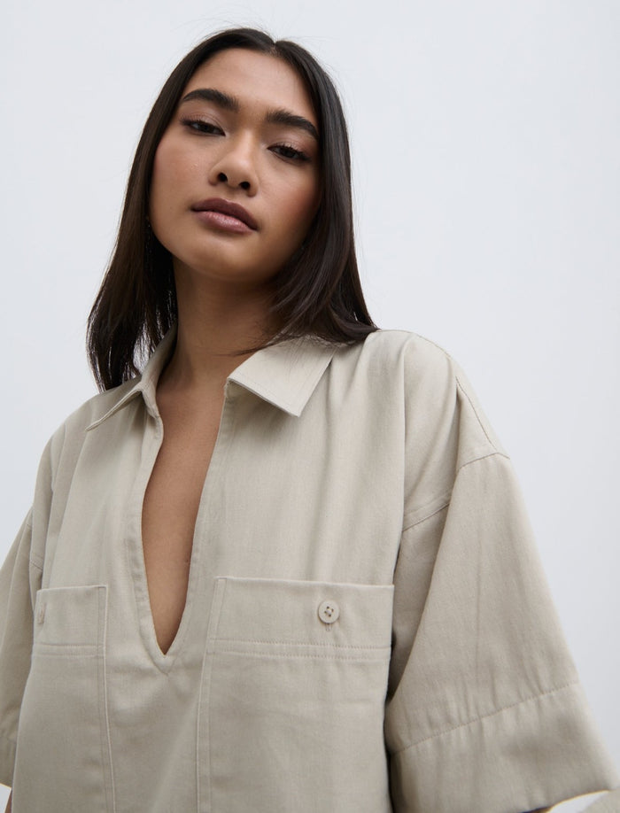 Candy Is 5'6" & Wears Size UK 8|Lia Utility Shirt Dress - Stone