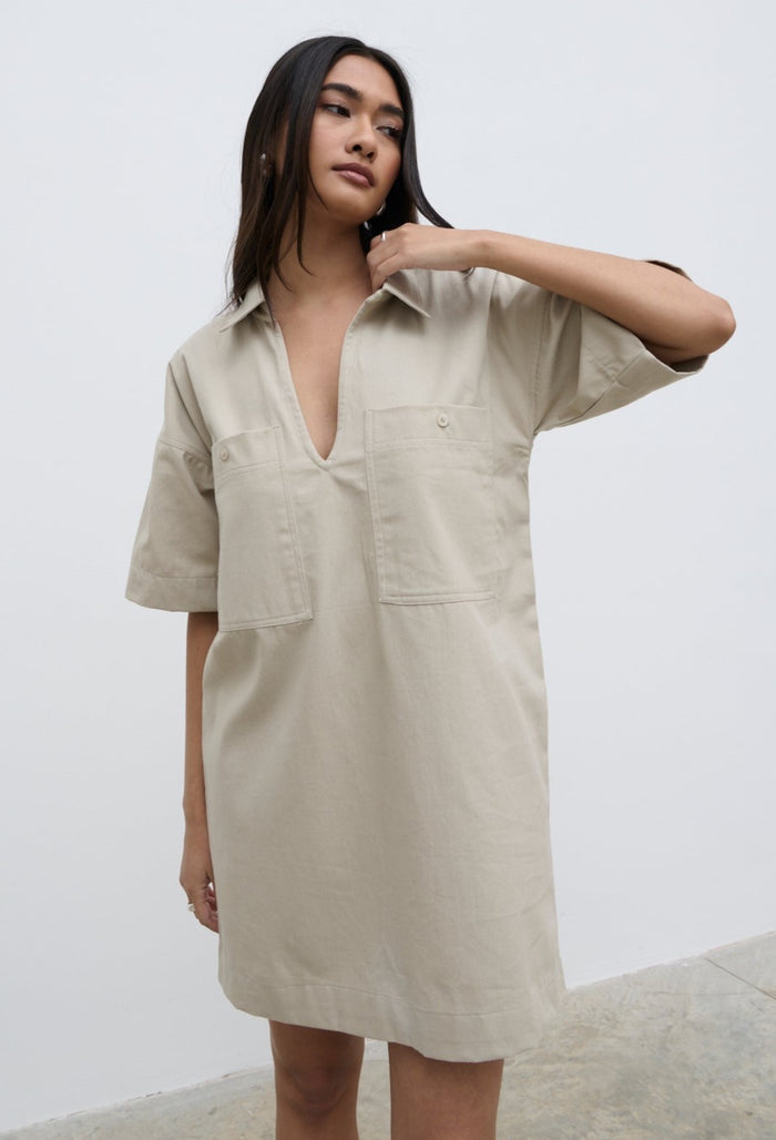 Candy Is 5'6" & Wears Size UK 8|Lia Utility Shirt Dress - Stone