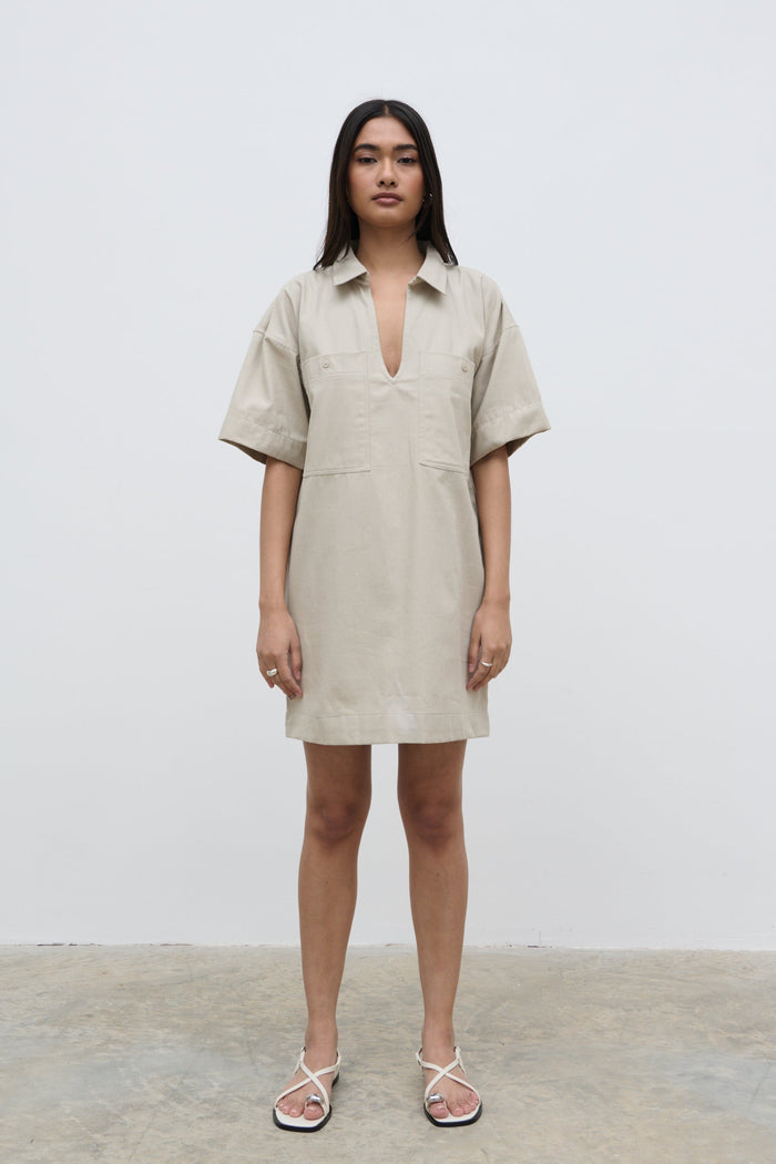 Candy Is 5'6" & Wears Size UK 8|Lia Utility Shirt Dress - Stone