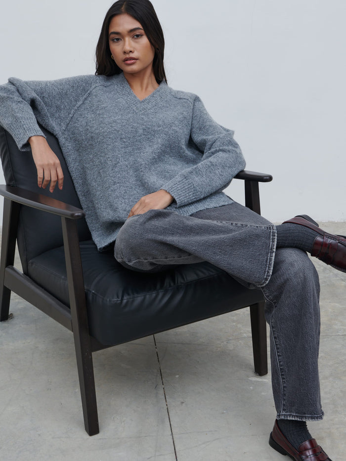 Candy Is 5'6" & Wears Size UK S|Liberty V Neck Seam Knit Jumper - Charcoal