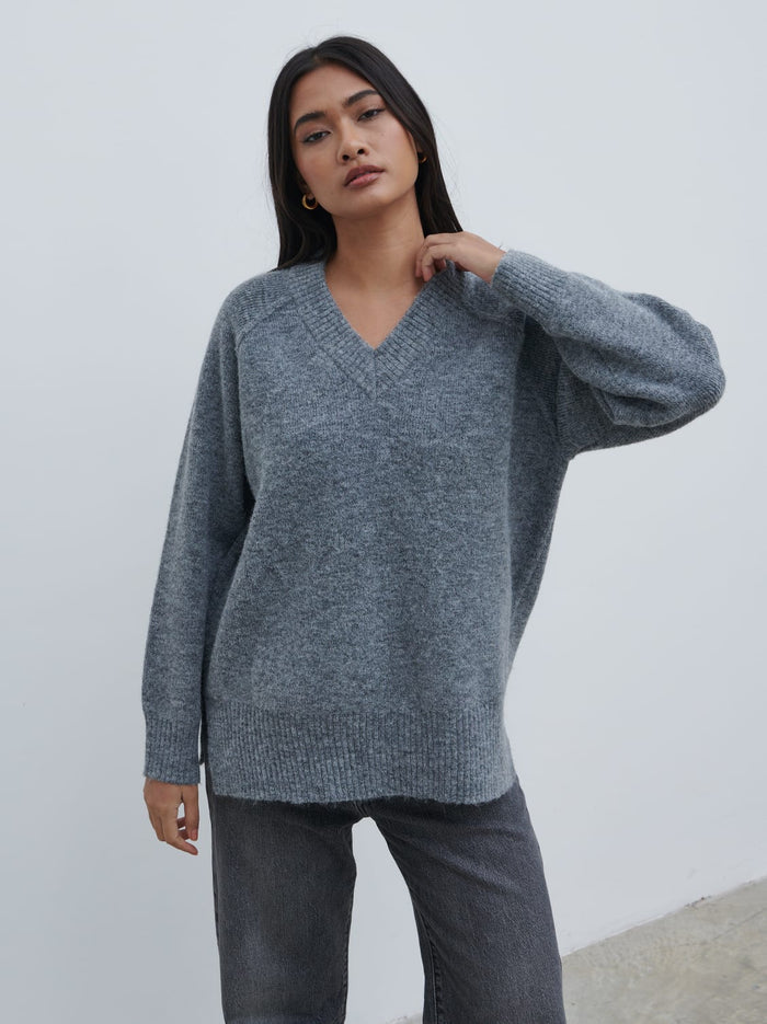 Candy Is 5'6" & Wears Size UK S|Liberty V Neck Seam Knit Jumper - Charcoal