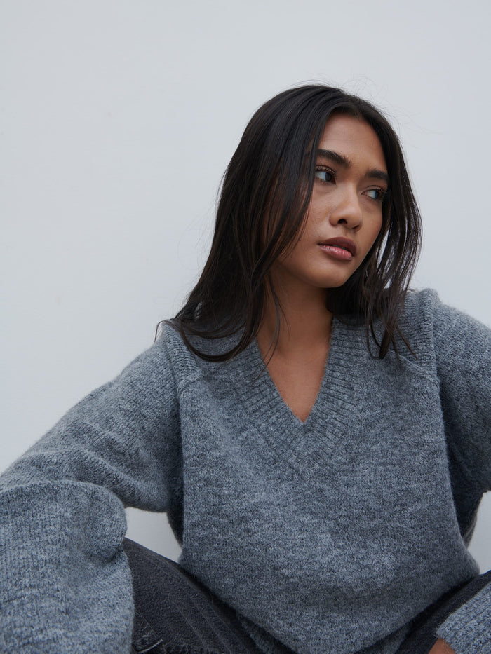 Candy Is 5'6" & Wears Size UK S|Liberty V Neck Seam Knit Jumper - Charcoal