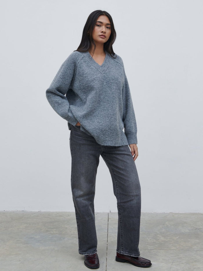 Candy Is 5'6" & Wears Size UK S|Liberty V Neck Seam Knit Jumper - Charcoal