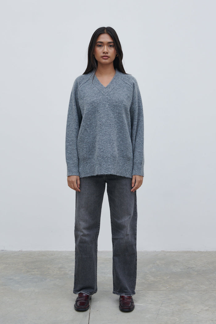 Candy Is 5'6" & Wears Size UK S|Liberty V Neck Seam Knit Jumper - Charcoal