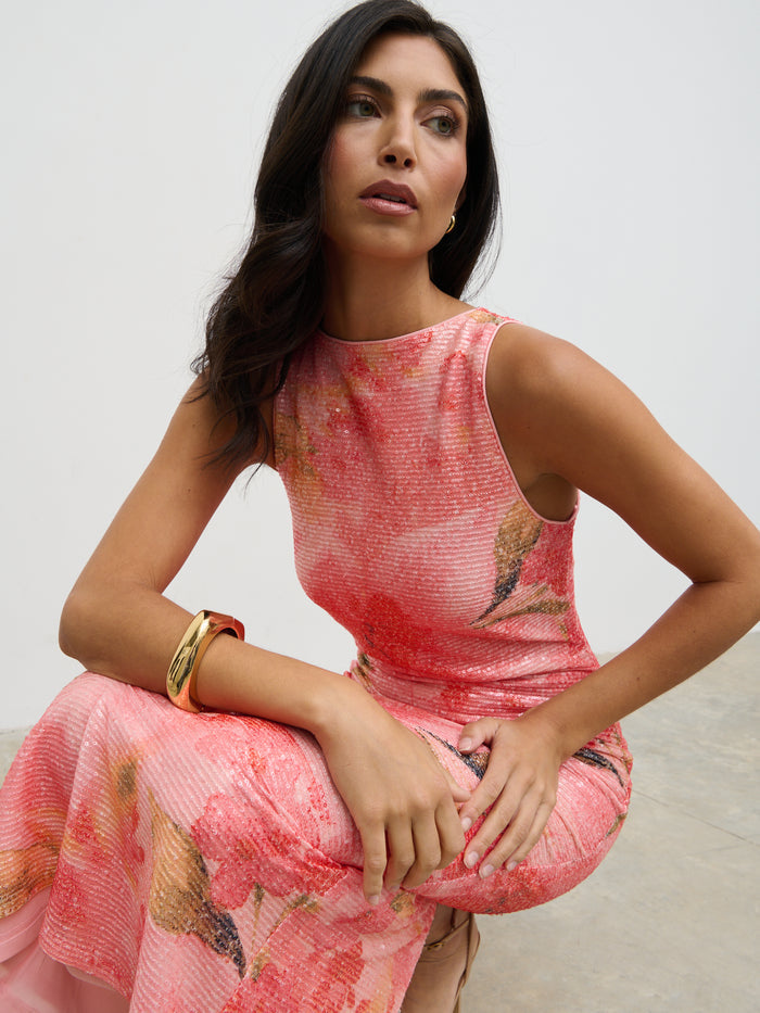 Lygia Is 5'9" & Wears Size UK 8|Lilou Printed Sequin Midaxi Dress - Orange Large Scale Floral