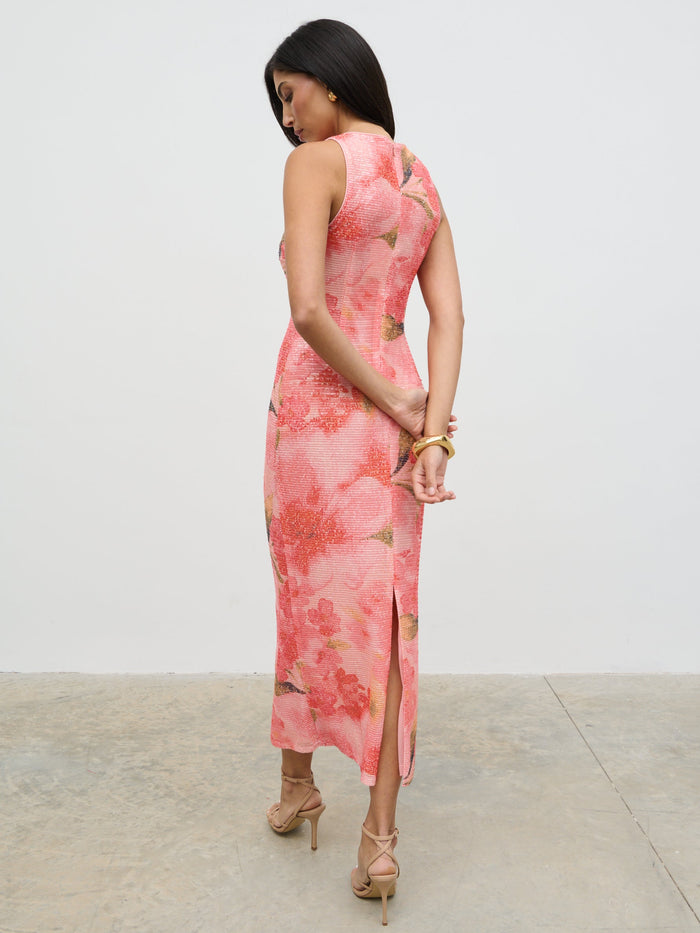 Lygia Is 5'9" & Wears Size UK 8|Lilou Printed Sequin Midaxi Dress - Orange Large Scale Floral