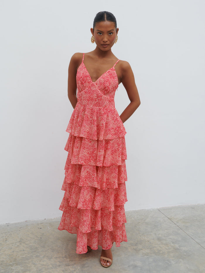 Elle Is 5'3" & Wears Size UK 6|Lissy Ruffle Midaxi Dress - Pink Multi Abstract Print