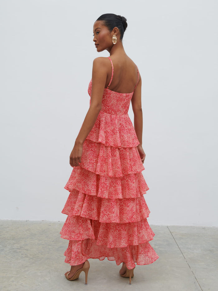 Elle Is 5'3" & Wears Size UK 6|Lissy Ruffle Midaxi Dress - Pink Multi Abstract Print