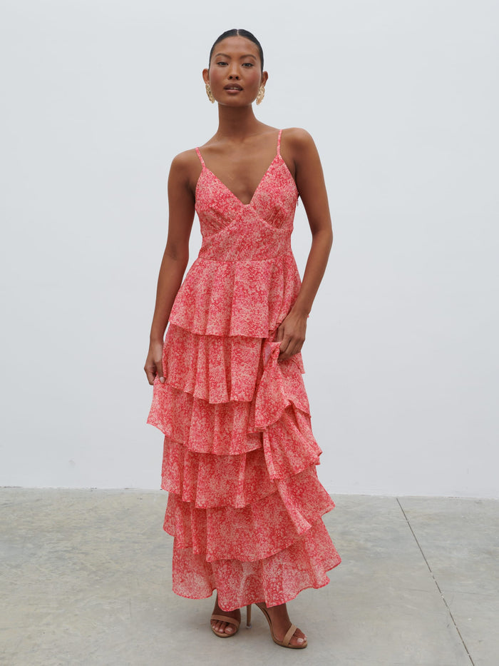 Elle Is 5'3" & Wears Size UK 6|Lissy Ruffle Midaxi Dress - Pink Multi Abstract Print