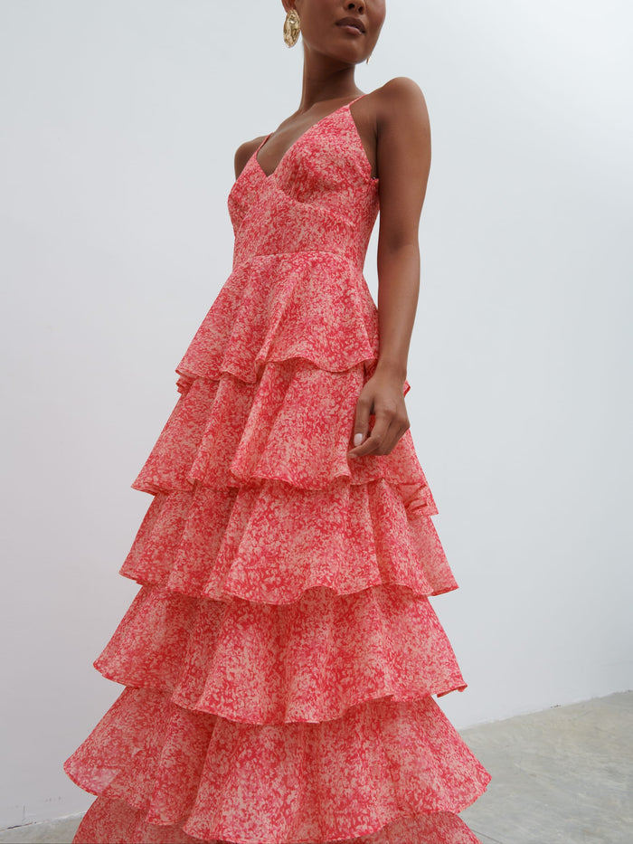 Elle Is 5'3" & Wears Size UK 6|Lissy Ruffle Midaxi Dress - Pink Multi Abstract Print