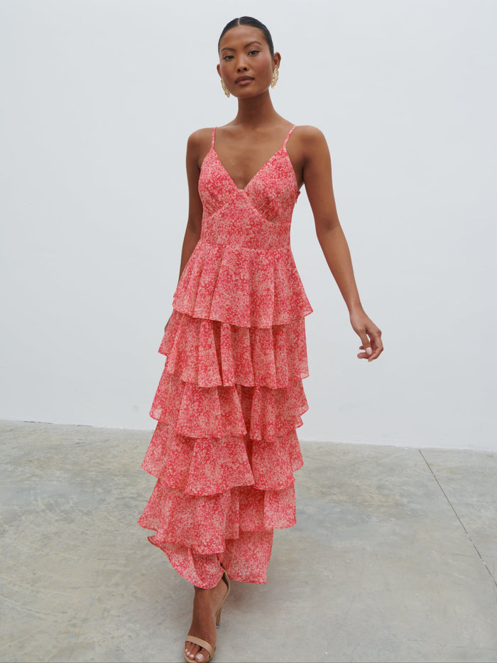 Elle Is 5'3" & Wears Size UK 6|Lissy Ruffle Midaxi Dress - Pink Multi Abstract Print