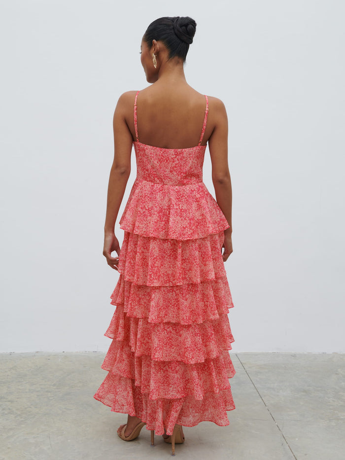Elle Is 5'3" & Wears Size UK 6|Lissy Ruffle Midaxi Dress - Pink Multi Abstract Print