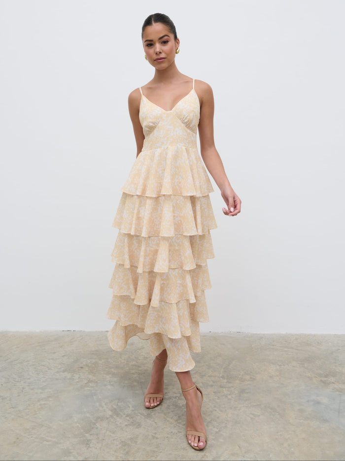 Elissa Is 5'8.5" & Wears Size UK 8|Lissy Ruffle Midaxi Dress - Yellow Abstract