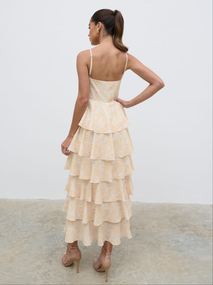 Elissa Is 5'8.5" & Wears Size UK 8|Lissy Ruffle Midaxi Dress - Yellow Abstract