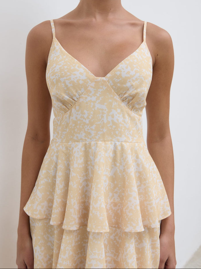 Elissa Is 5'8.5" & Wears Size UK 8|Lissy Ruffle Midaxi Dress - Yellow Abstract