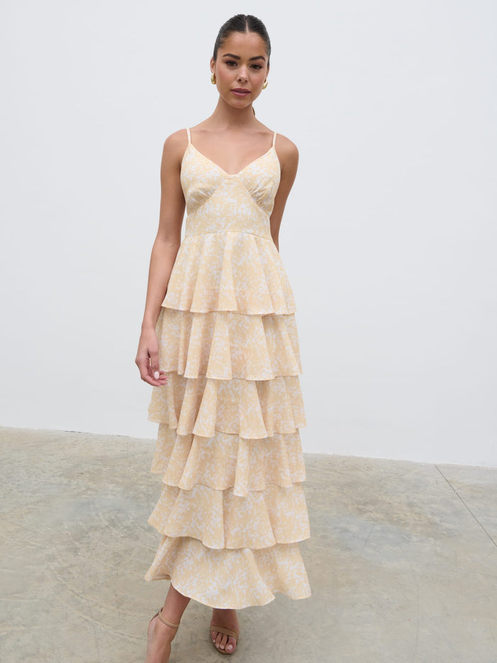 Elissa Is 5'8.5" & Wears Size UK 8|Lissy Ruffle Midaxi Dress - Yellow Abstract