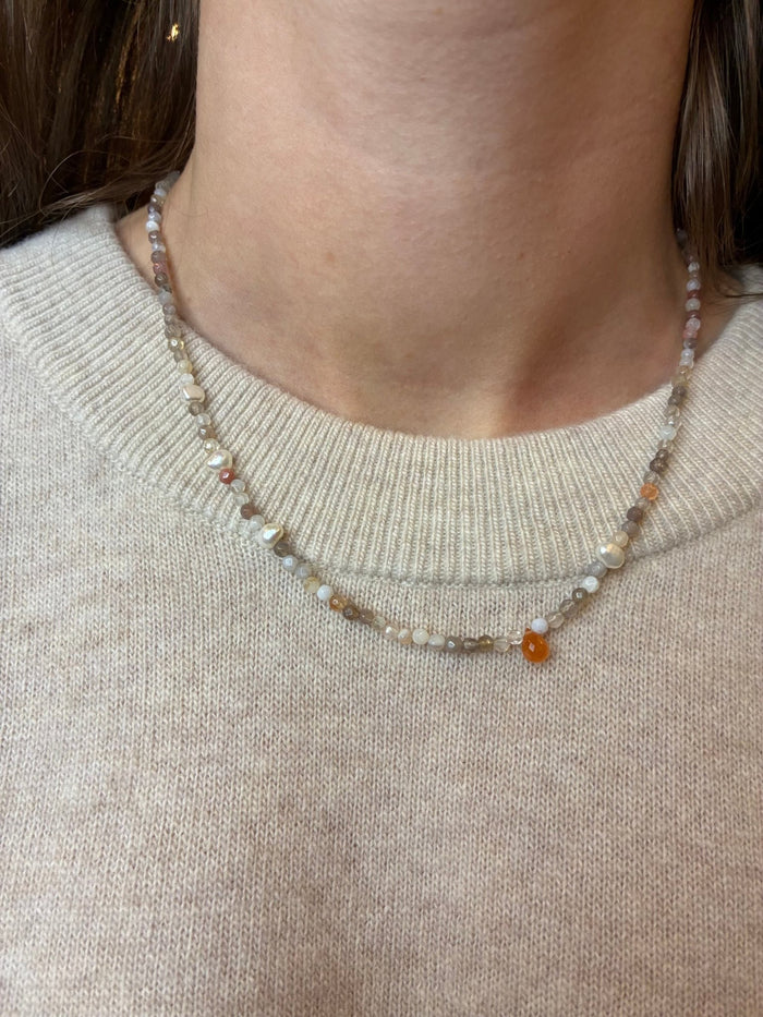 Liv Elle - Botswana Agate w/ Freshwater Pearls & Orange Garnet Bead - Kalifornia Jean Bar