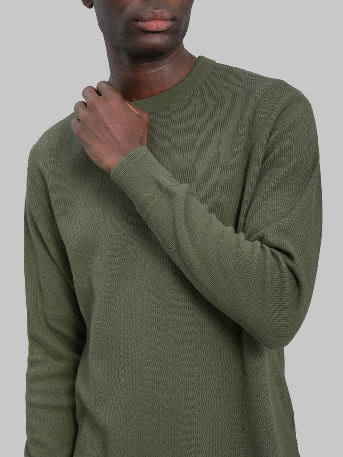 Loop & Weft Supima Long Honeycomb Knit Crewneck Thermal Olive sleeve