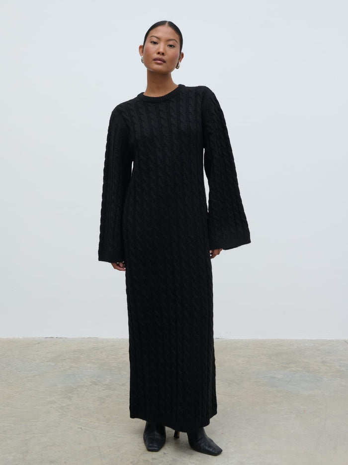 Elle Is 5'3" & Wears Size UK XS|Lorelai Cable Knit Midaxi Dress - Black