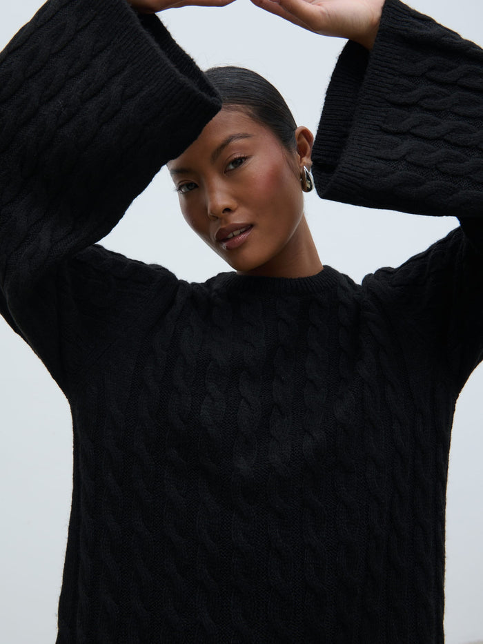 Elle Is 5'3" & Wears Size UK XS|Lorelai Cable Knit Midaxi Dress - Black