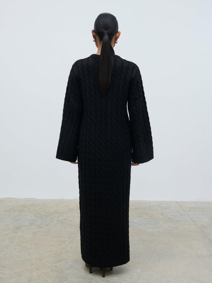 Elle Is 5'3" & Wears Size UK XS|Lorelai Cable Knit Midaxi Dress - Black