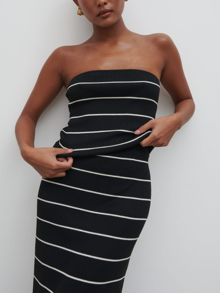 Elle Is 5'3" & Wears Size UK XS|Louisa Stripe Bandeau Knit Top - Black and Cream