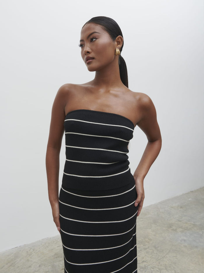 Elle Is 5'3" & Wears Size UK XS|Louisa Stripe Bandeau Knit Top - Black and Cream