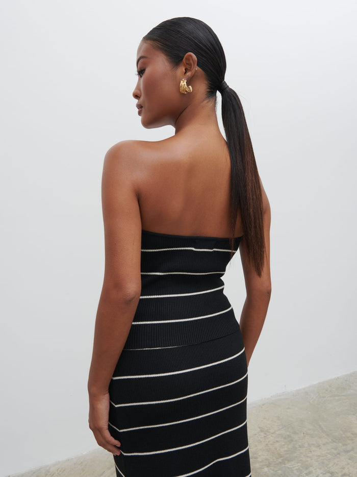 Elle Is 5'3" & Wears Size UK XS|Louisa Stripe Bandeau Knit Top - Black and Cream
