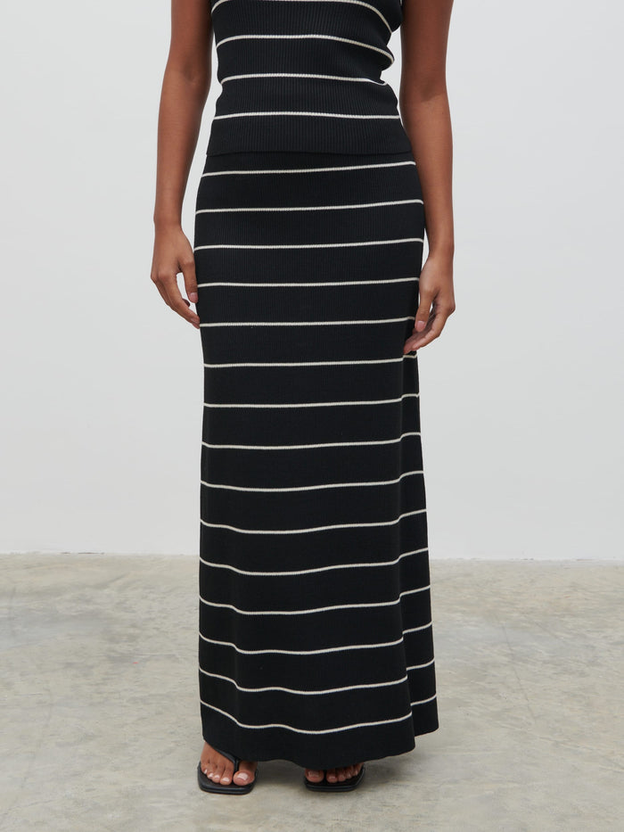 Elle Is 5'3" & Wears Size UK XS|Louisa Stripe Knit Skirt - Black and Cream