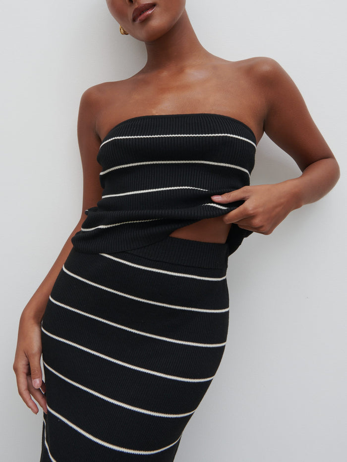 Elle Is 5'3" & Wears Size UK XS|Louisa Stripe Knit Skirt - Black and Cream