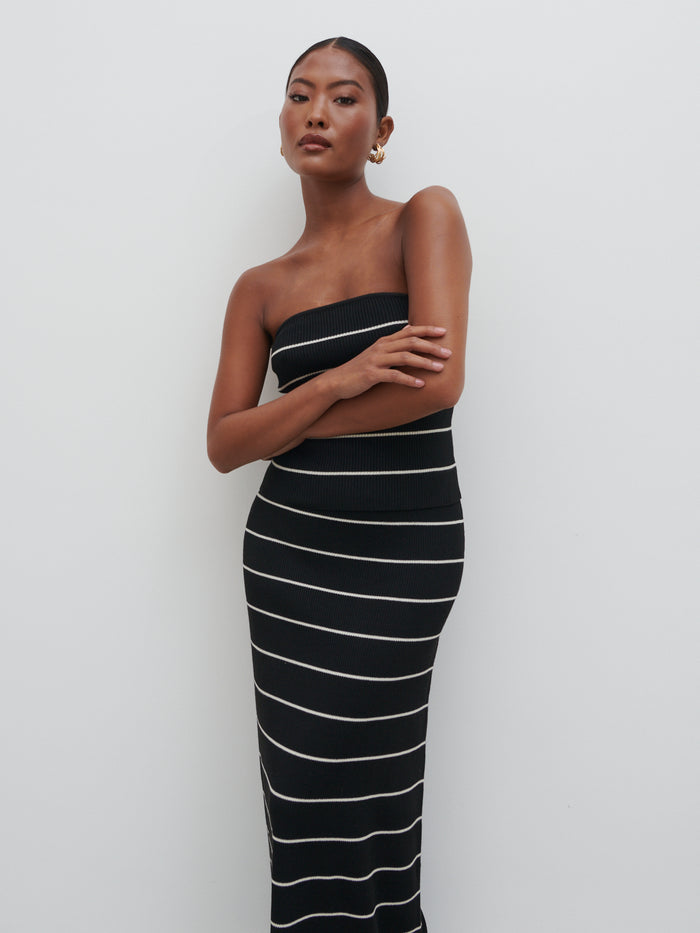 Elle Is 5'3" & Wears Size UK XS|Louisa Stripe Knit Skirt - Black and Cream