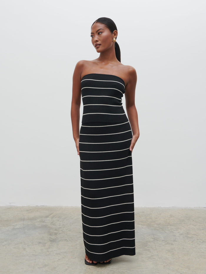 Elle Is 5'3" & Wears Size UK XS|Louisa Stripe Knit Skirt - Black and Cream
