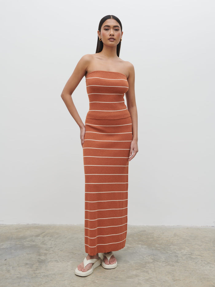 Candy Is 5'6" & Wears Size UK S|Louisa Stripe Knit Skirt - Terracotta and Cream