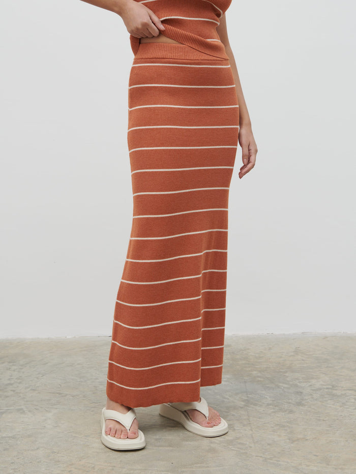 Candy Is 5'6" & Wears Size UK S|Louisa Stripe Knit Skirt - Terracotta and Cream