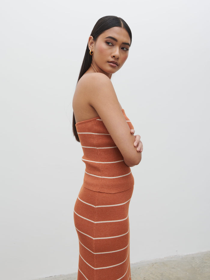 Candy Is 5'6" & Wears Size UK S|Louisa Stripe Knit Skirt - Terracotta and Cream