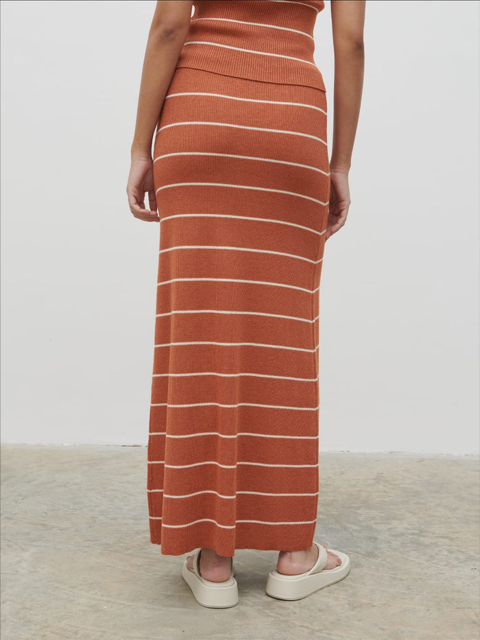 Candy Is 5'6" & Wears Size UK S|Louisa Stripe Knit Skirt - Terracotta and Cream