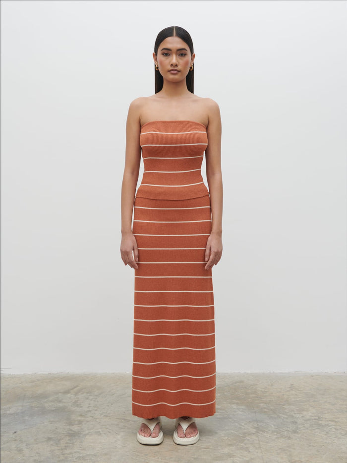 Candy Is 5'6" & Wears Size UK S|Louisa Stripe Knit Skirt - Terracotta and Cream