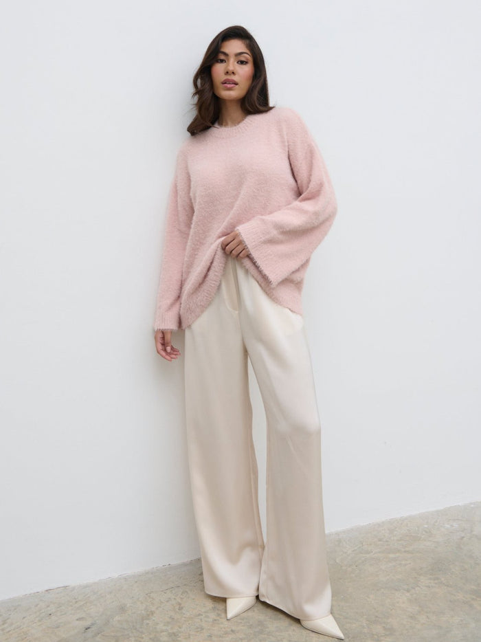 Lygia Is 5'9" & Wears Size UK S|Lula Fluffy Knit Jumper - Pale Pink