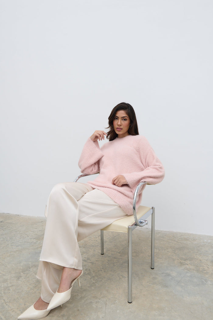 Lygia Is 5'9" & Wears Size UK S|Lula Fluffy Knit Jumper - Pale Pink