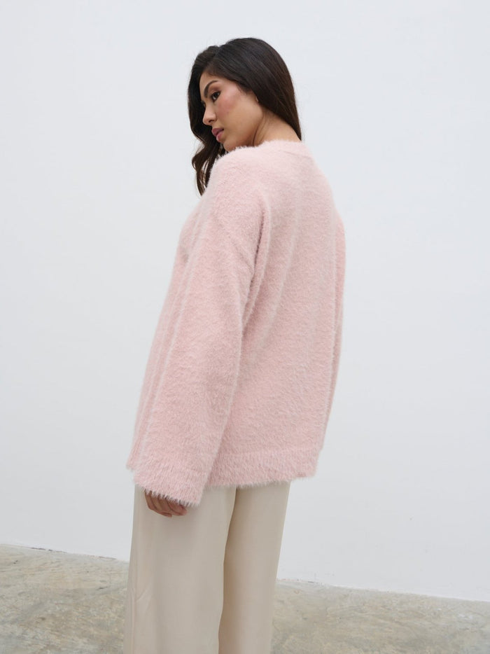 Lygia Is 5'9" & Wears Size UK S|Lula Fluffy Knit Jumper - Pale Pink