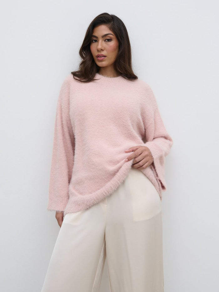 Lygia Is 5'9" & Wears Size UK S|Lula Fluffy Knit Jumper - Pale Pink