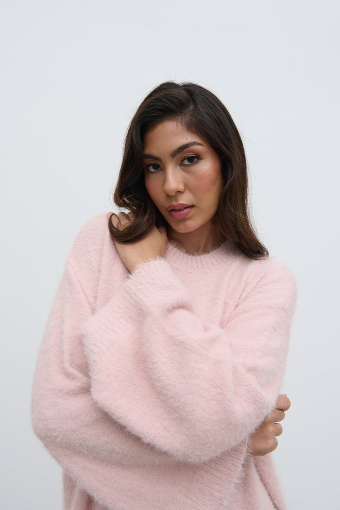 Lygia Is 5'9" & Wears Size UK S|Lula Fluffy Knit Jumper - Pale Pink