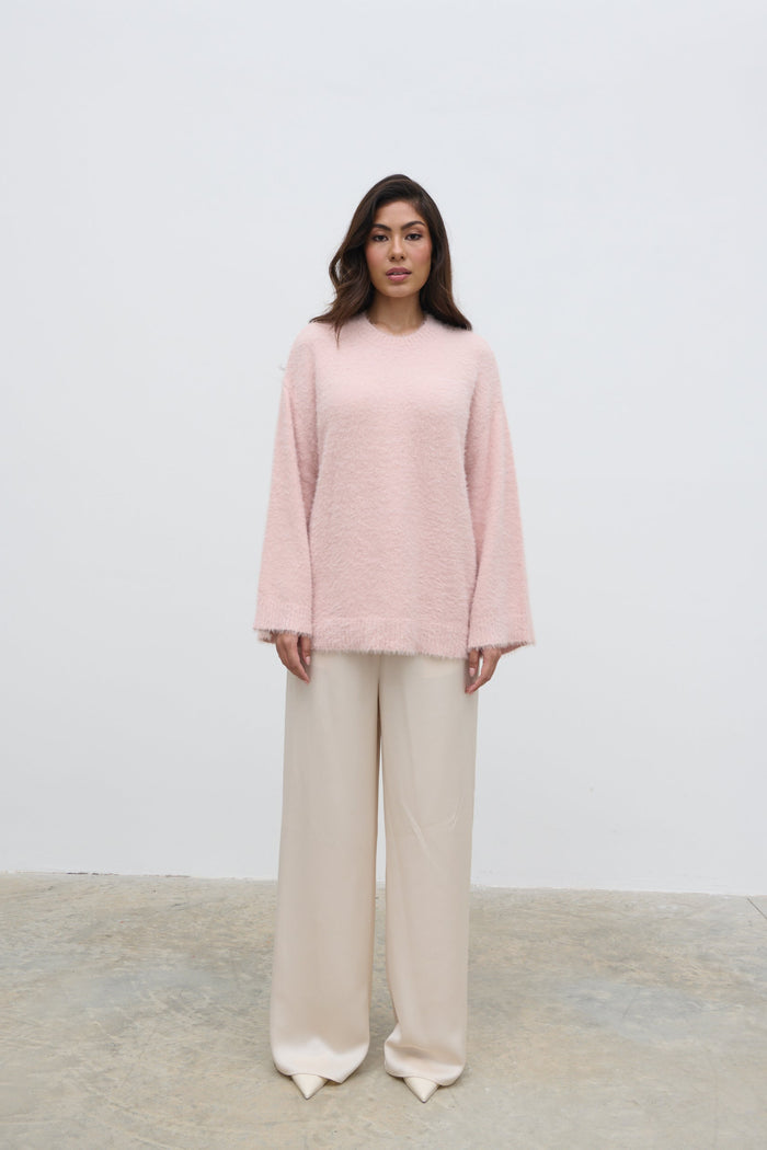 Lygia Is 5'9" & Wears Size UK S|Lula Fluffy Knit Jumper - Pale Pink