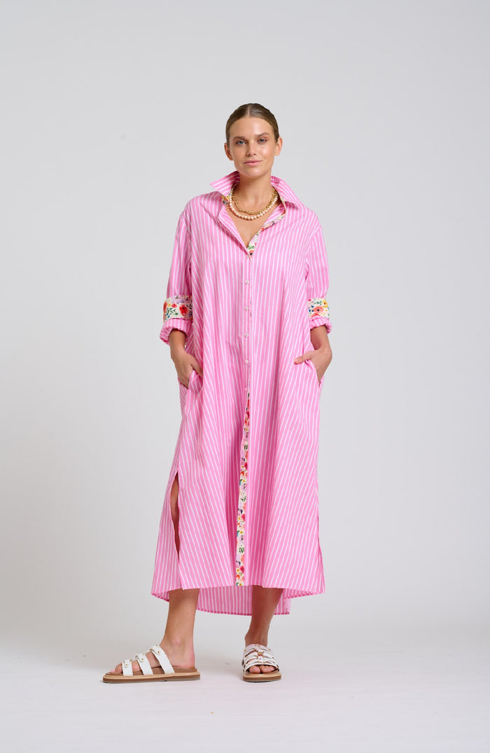 Shirty Luna Longline Dress | Pink Stripe Floral Trim