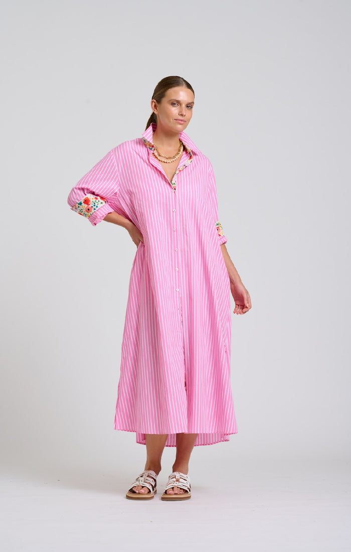 Luna Longline Dress | Pink Stripe Floral Trim