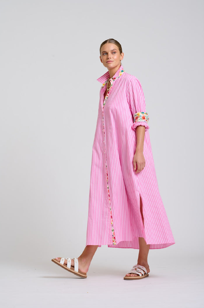 Luna Longline Dress | Pink Stripe Floral Trim