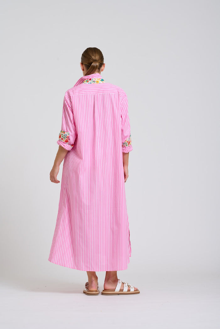 Luna Longline Dress | Pink Stripe Floral Trim