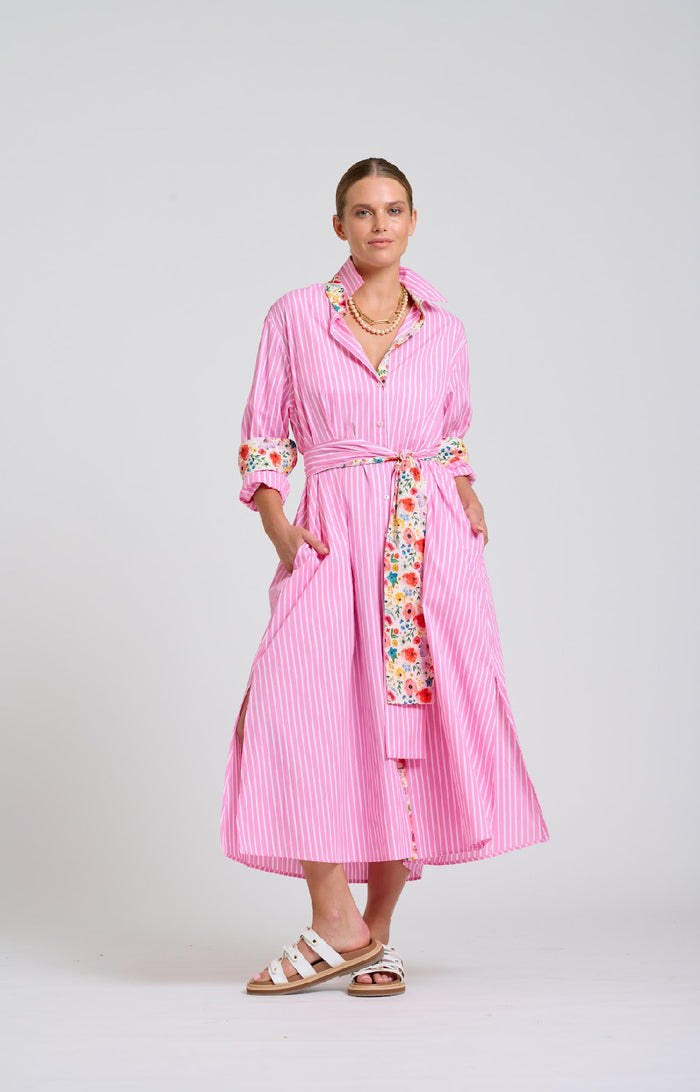 Luna Longline Dress | Pink Stripe Floral Trim